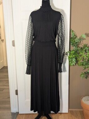 Boden Black Maxi Dress with Sheer Tulle Polka-Dot Sleeves. Size 16.